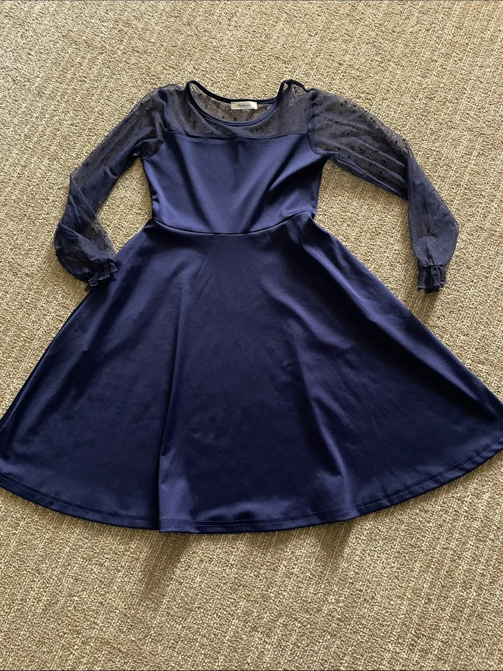 Girls Navy Mesh-Sleeve Fit-and-Flare Dress